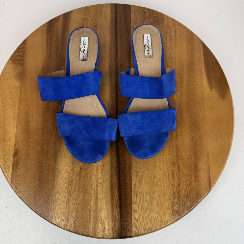 Womens Halogen Blue Leather Comfort Casual Block Heel Slide Sandals Size 8 M GUC